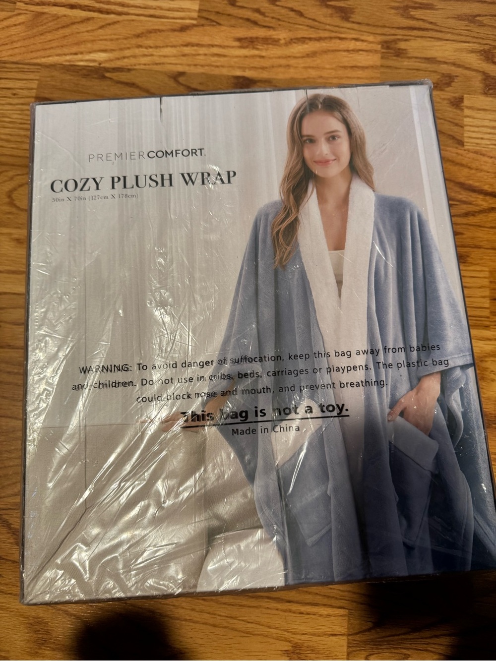 Cozy Plush Wrap - Blue with Cream Trim